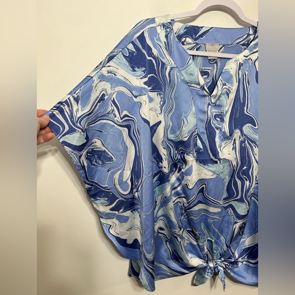 Chicos Marble Stone Paint Swirl Dolman Sleeve Front Tie Knot Tunic Blouse - Picture 5 of 10